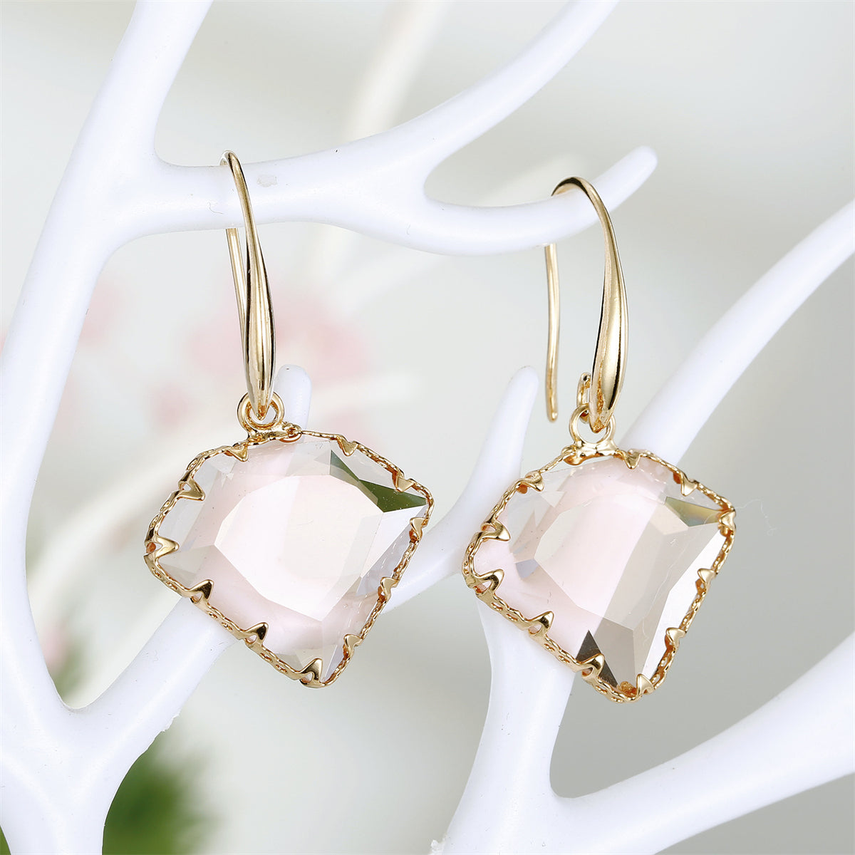 Pink Crystal and 18K Gold-Plated Diamond-Shape Drop Earrings, gold drop earrings for women, botanical inspired, front view