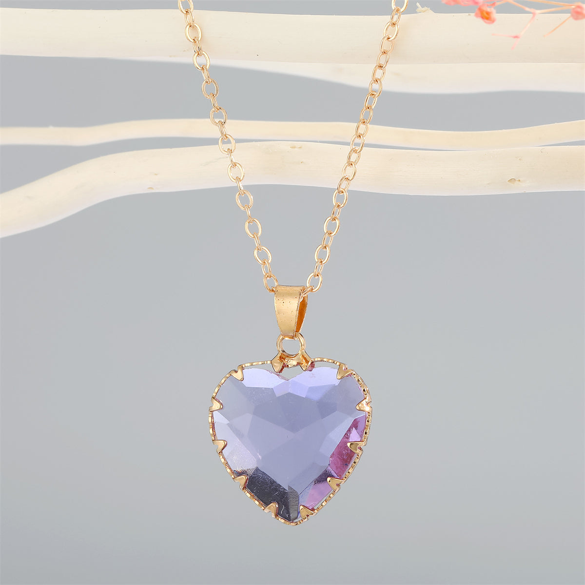 Purple Crystal and 18K Gold-Plated Heart Pendant Necklace, gold pendant necklace for women, elegant gift for her, front view