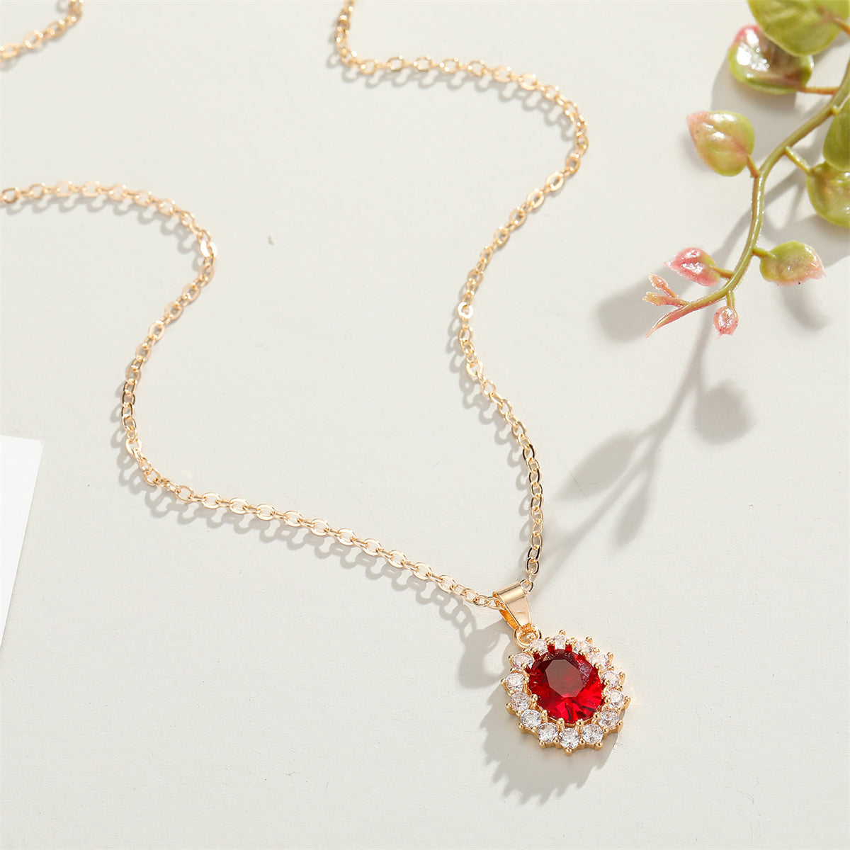Red Crystal and Cubic Zirconia Oval Pendant Necklace, pendant necklace for women, elegant gift for her, front view