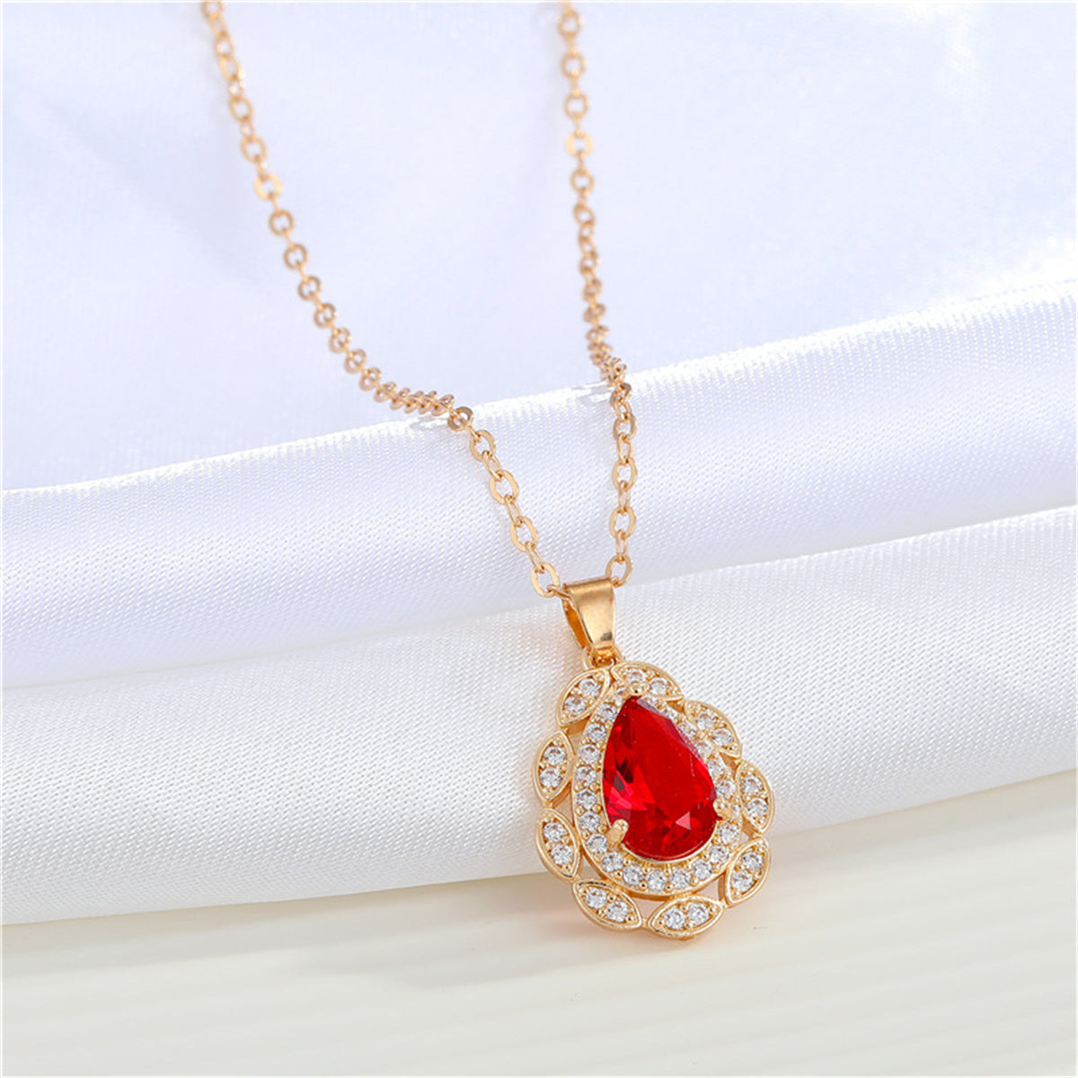 Red Crystal and Clear Cubic Zirconia Hola Pendant Necklace, pendant necklace for women, botanical inspired, front view