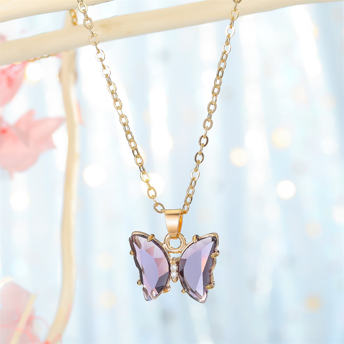 Purple Crystal and Cubic Zirconia Butterfly Pendant Necklace, pendant necklace for women, front view