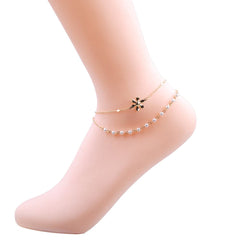 Pearl & 18K Gold-Plated Flower Beaded Layered Anklet