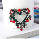 Red & Green Cubic Zirconia Silver-Plated Heart Brooch