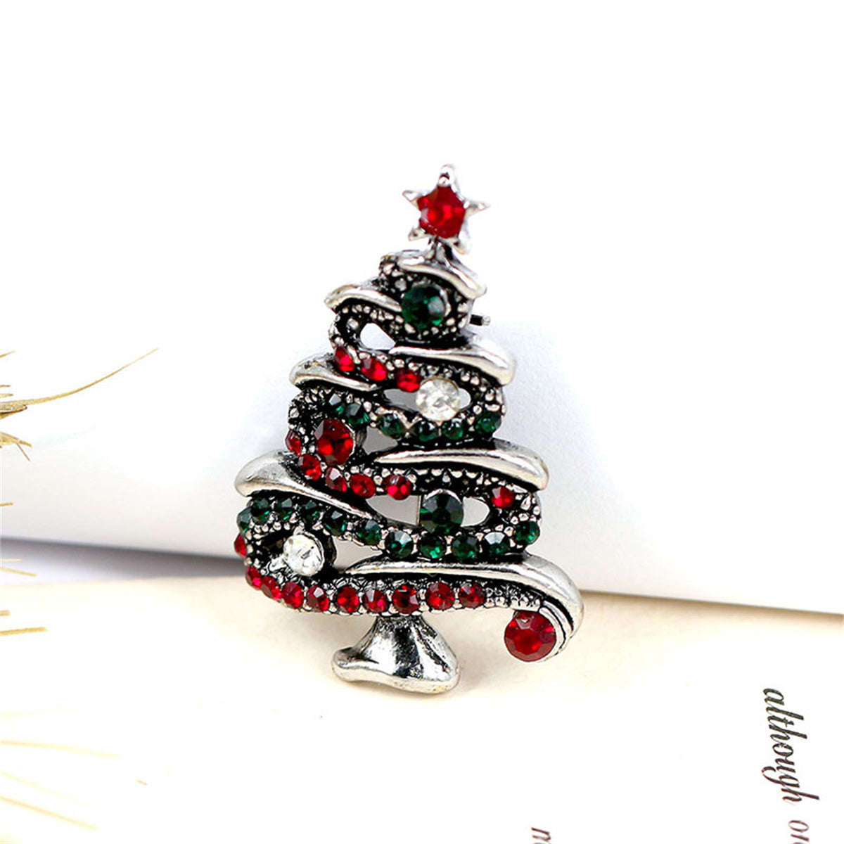 Red and Green Cubic Zirconia Openwork Pavé Christmas Tree Brooch, brooch pin, botanical inspired, front view