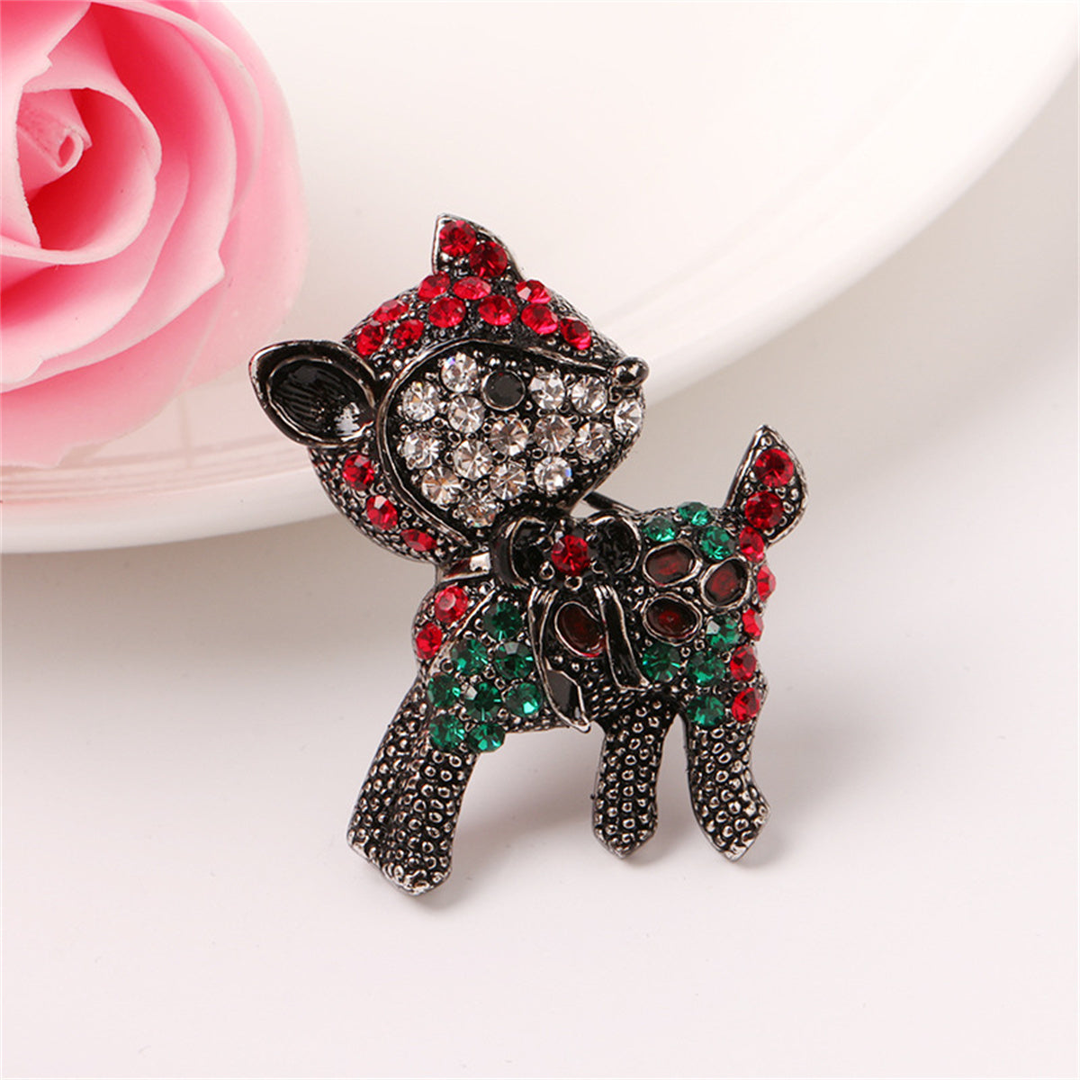 Red Cubic Zirconia and Silver-Plated Reindeer Brooch, silver brooch pin, dainty minimalist design, detail close-up