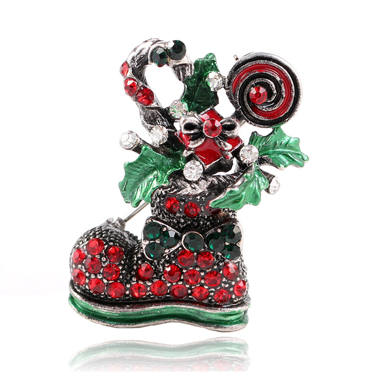 Red Cubic Zirconia and Silver-Plated Christmas Boot Brooch, silver brooch pin, dainty minimalist design, front view
