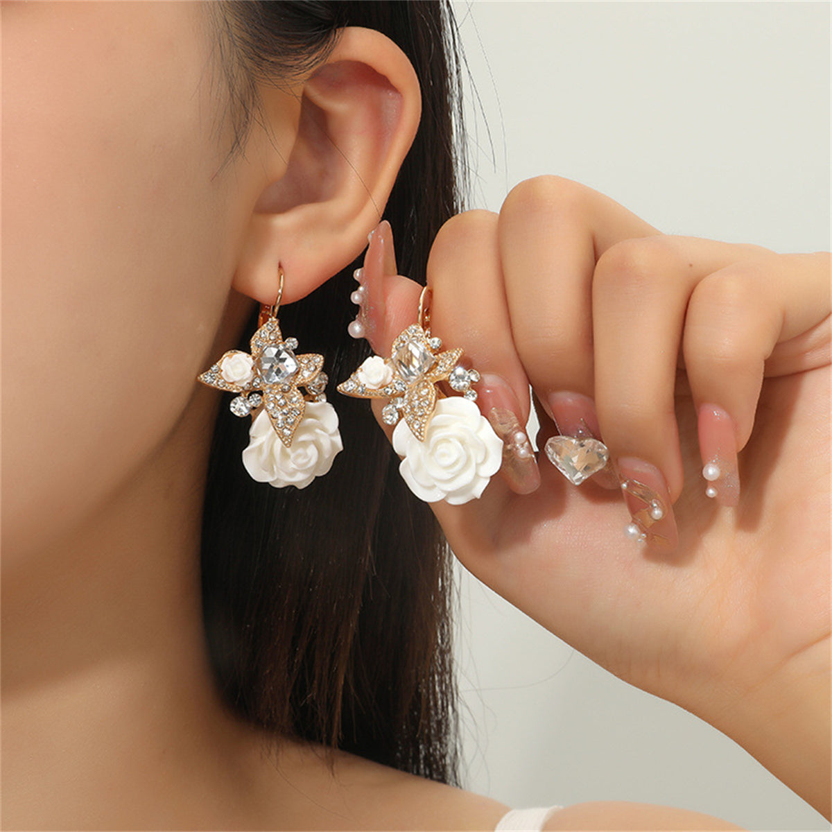 White Crystal and Cubic Zirconia Flower Drop Earrings, drop earrings for women, vintage-inspired design, styled look