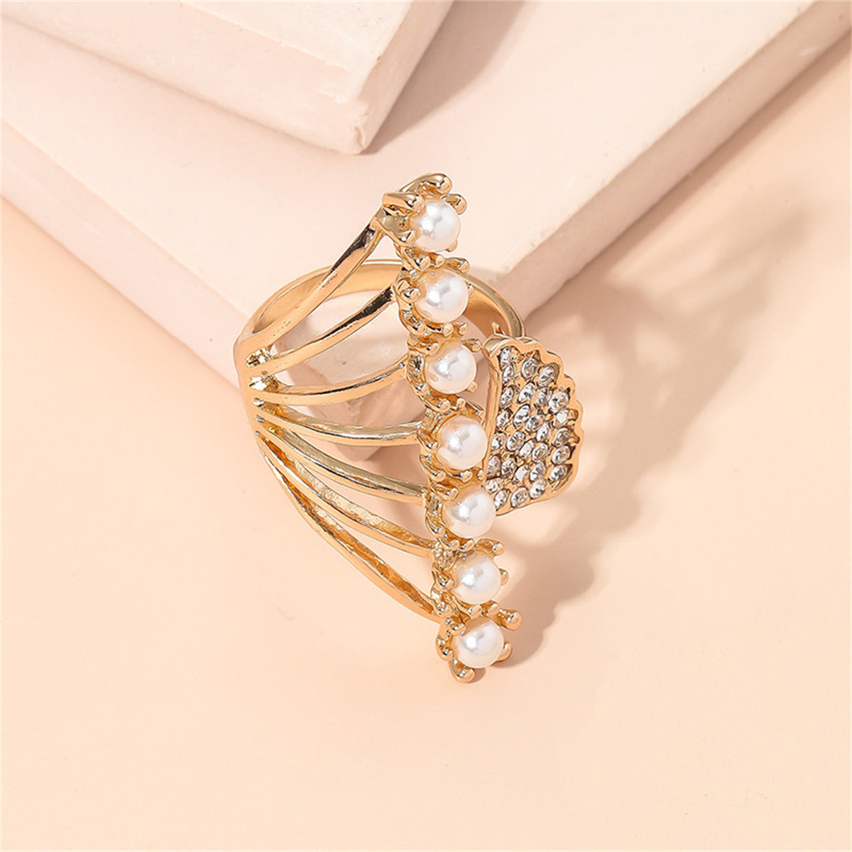 Pearl and Cubic Zirconia 18K Gold-Plated Wing Open Statement Ring, gold statement rings for women, lifestyle look