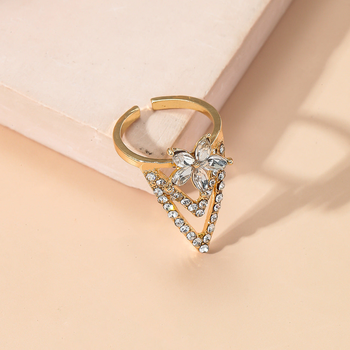 Crystal and Cubic Zirconia Triangle Floral Bypass Midi Ring, statement rings for women, elegant gift for her, lifestyle look