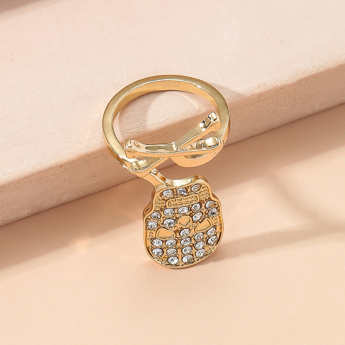Cubic Zirconia and 18K Gold-Plated Skull Bypass Midi Ring, gold statement rings for women, botanical inspired, lifestyle look