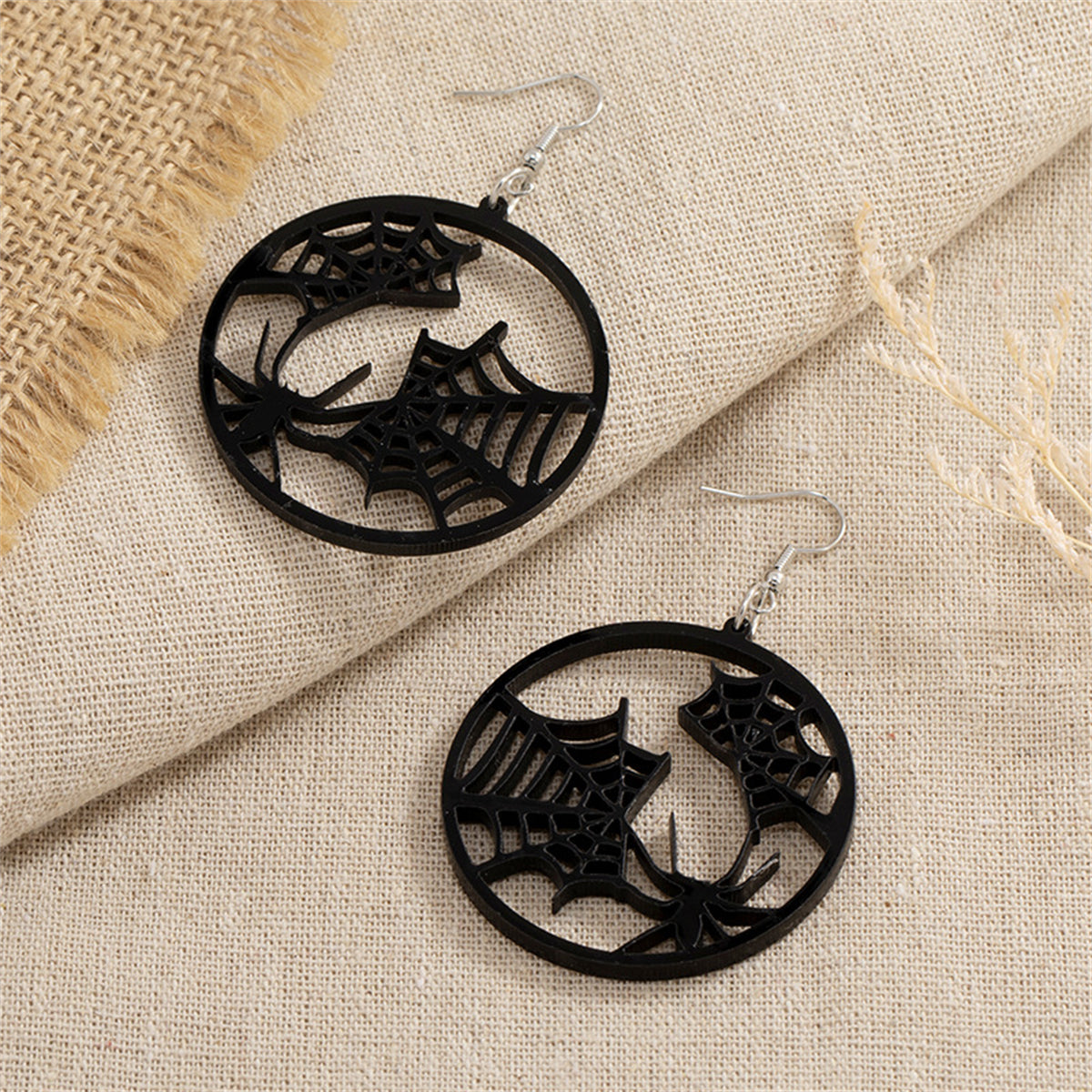Black Acrylic and Silver-Plated Spider Web Round Drop Earrings, silver drop earrings for women, styled look