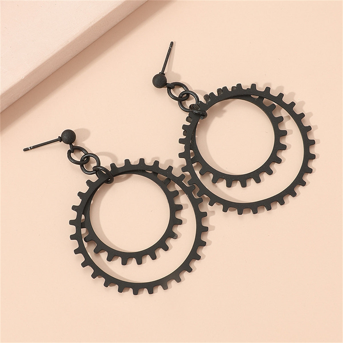 Black Gear Drop Earring, drop earrings for women, dainty minimalist design, lifestyle look