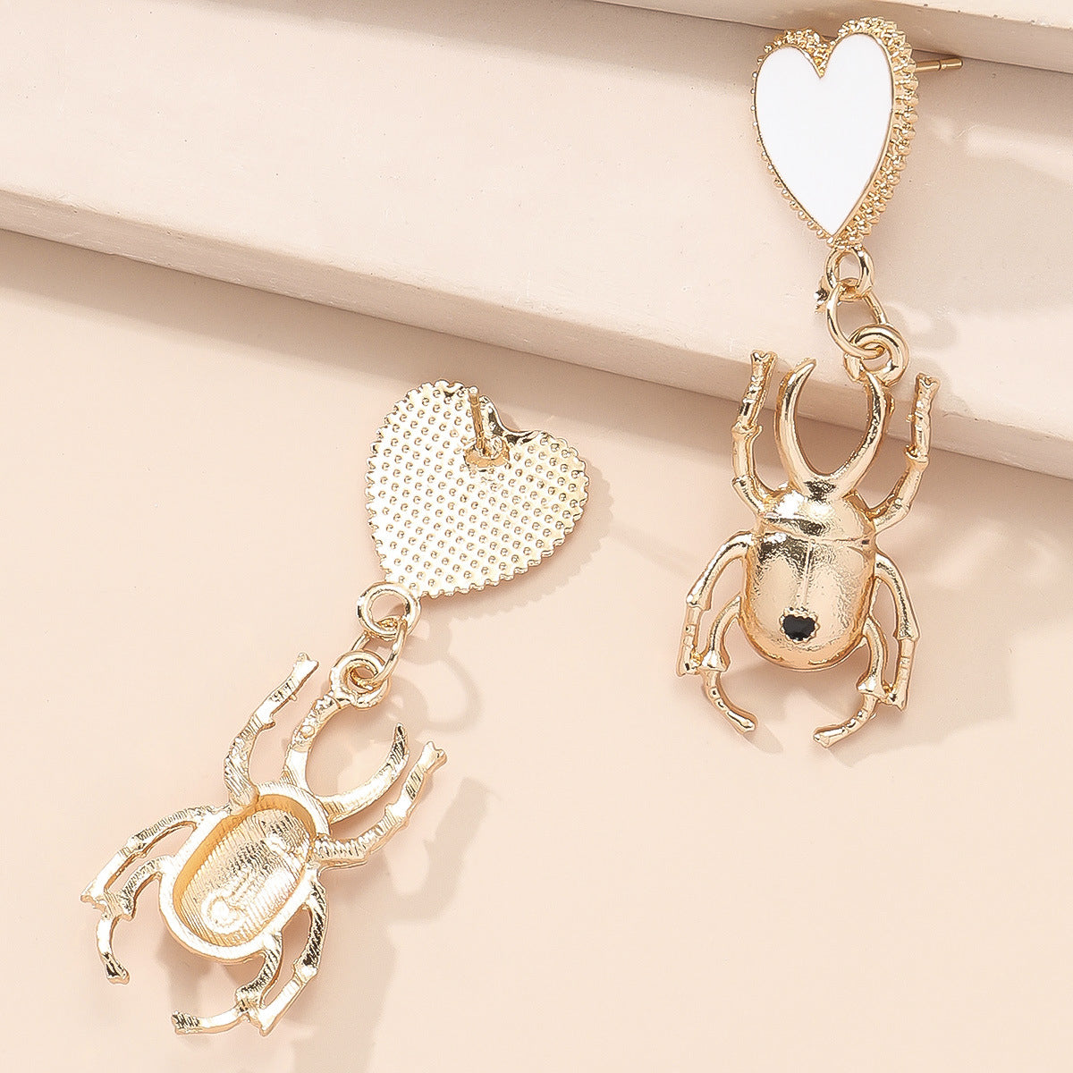 White Enamel and 18K Gold-Plated Heart Insect Drop Earring, gold drop earrings for women, botanical inspired, lifestyle look