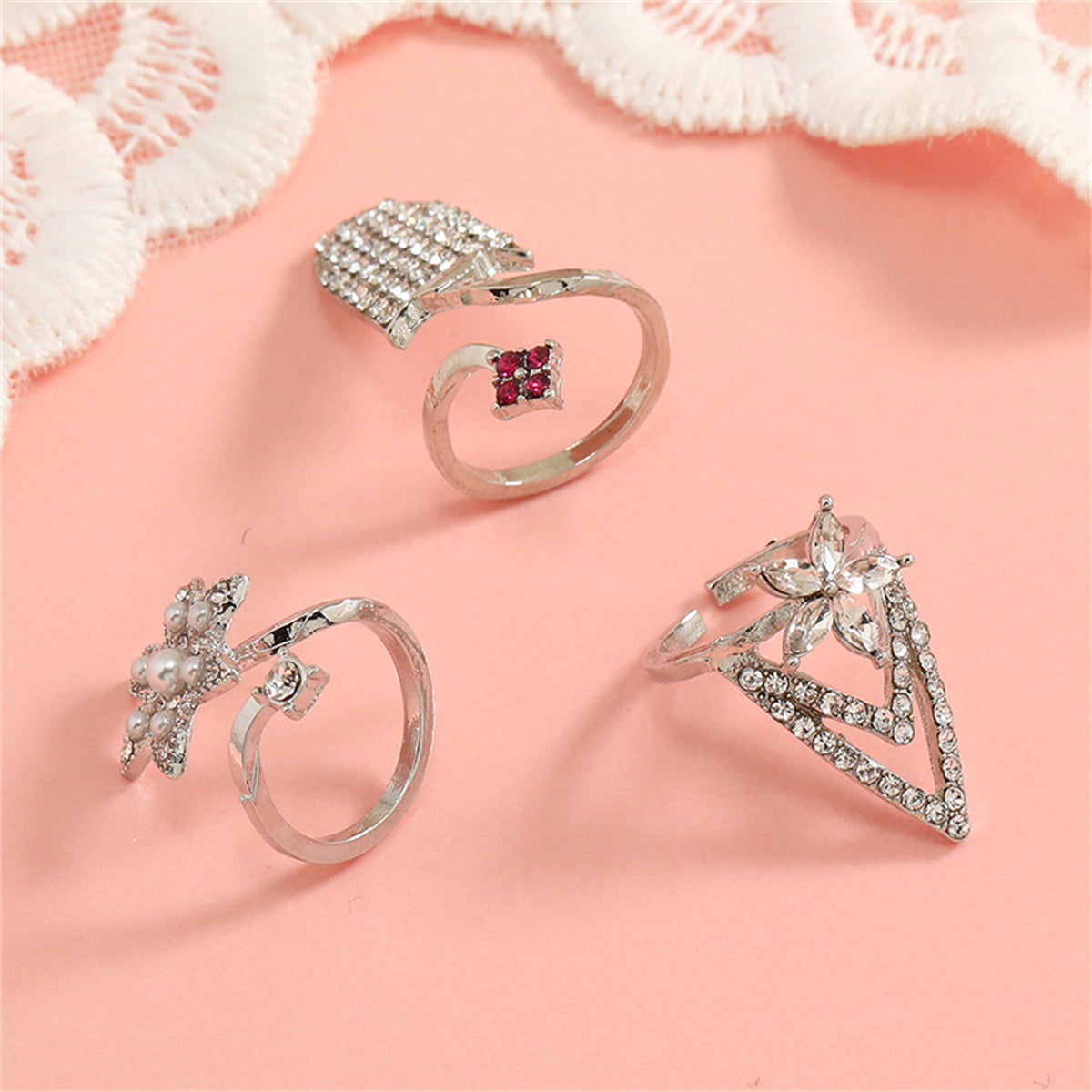Pearl and Cubic Zirconia Flower Midi Ring Set, statement rings for women, botanical inspired, lifestyle look