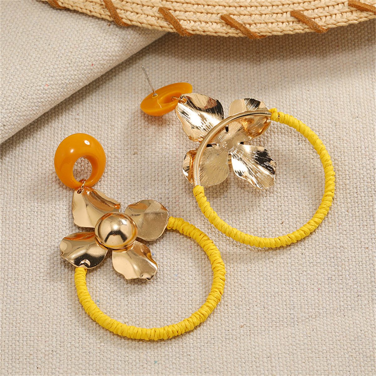 Resin and 18K Gold-Plated Flower Circle Drop Earrings, gold drop earrings for women, dainty minimalist design, lifestyle look
