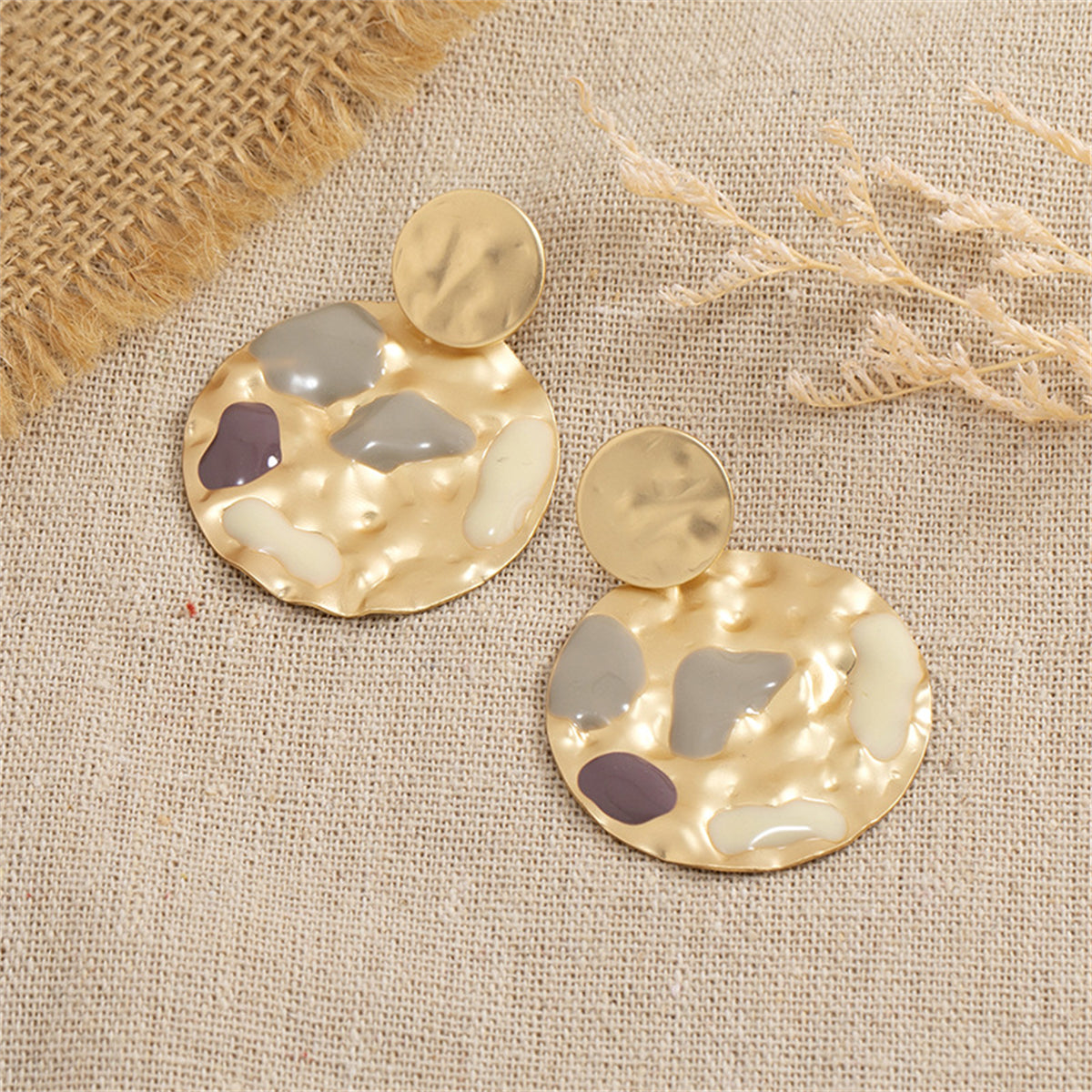 Taupe Enamel and 18K Gold-Plated Textured Round Drop Earrings, gold drop earrings for women, lifestyle look