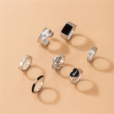 Black Enamel & Silver-Plated 'Good Luck' Cutout Ring Set