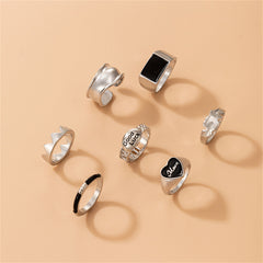 Black Enamel & Silver-Plated 'Good Luck' Cutout Ring Set