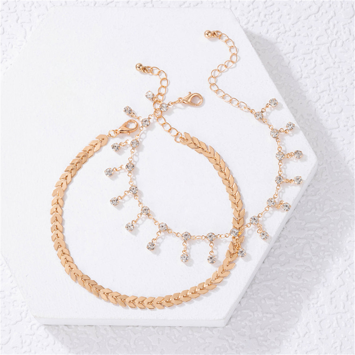 Cubic Zirconia and 18K Gold-Plated Wheat Anklet Set, jewelry gift sets for women, elegant gift for her, lifestyle look