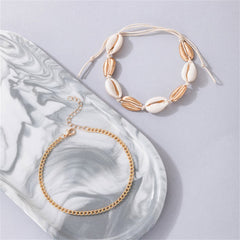 Shell & 18K Gold-Plated Curb Chain Anklet Set
