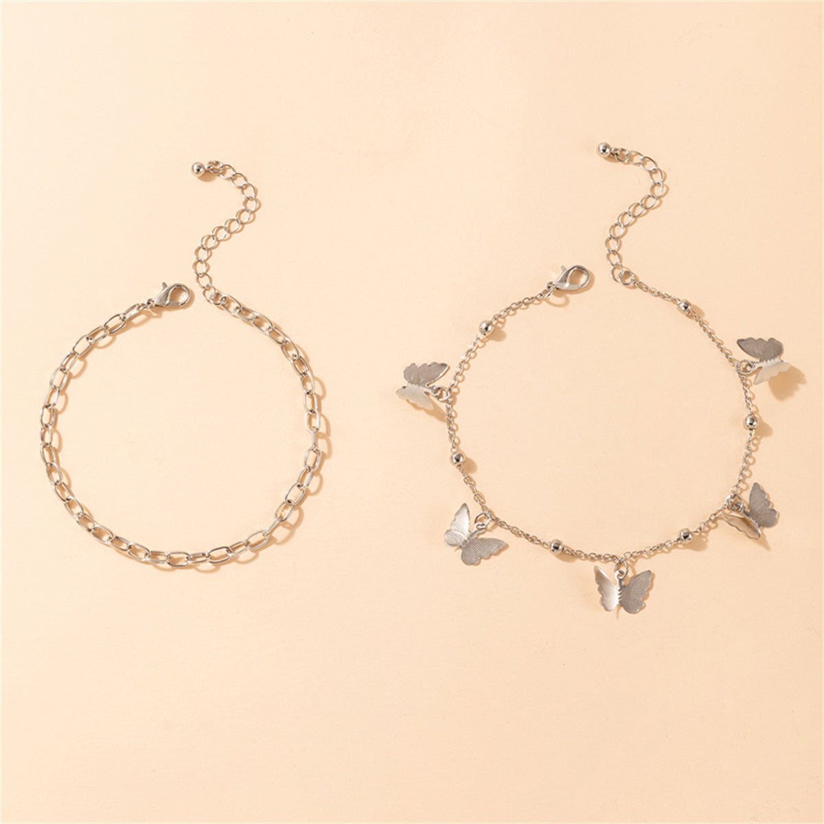 Silver-Plated Butterfly Station Chain Anklet Set, jewelry gift sets for women, vintage-inspired design, styled look