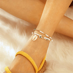 White & 18K Gold-Plated Seashell Beaded Layered Anklet