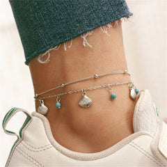 Turquoise & Silver-Plated Shell Station Anklet Set