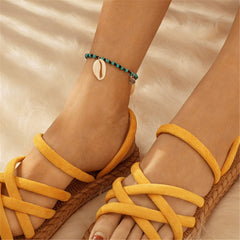 Turquoise & Silver-Plated Seashell Beaded Anklet
