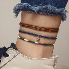 Brown & Silver-Plated Pineapple Adjustable Charm Anklet Set