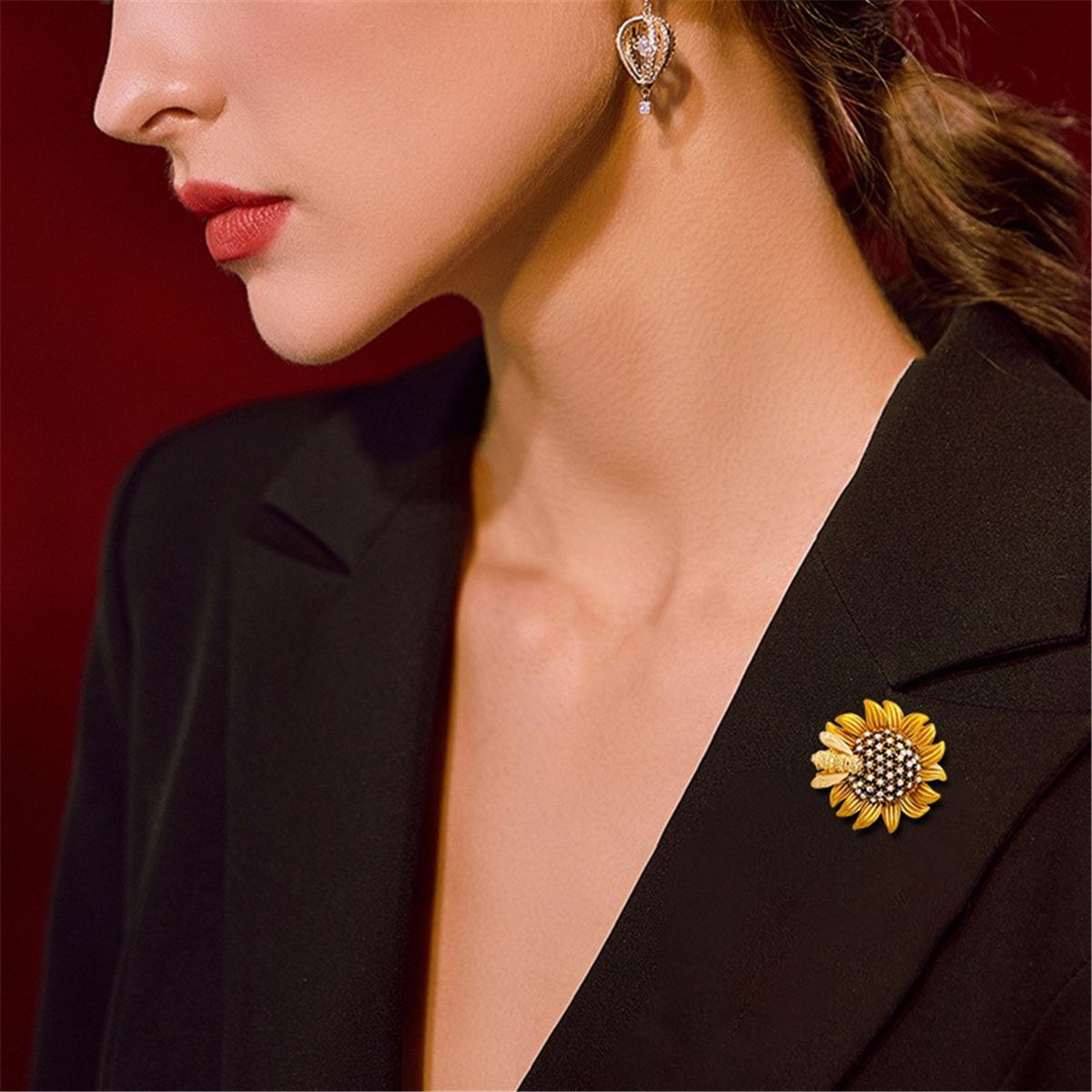 Cubic Zirconia and 18K Gold-Plated Sunflower Bee Brooch, gold brooch pin, everyday style, styled look