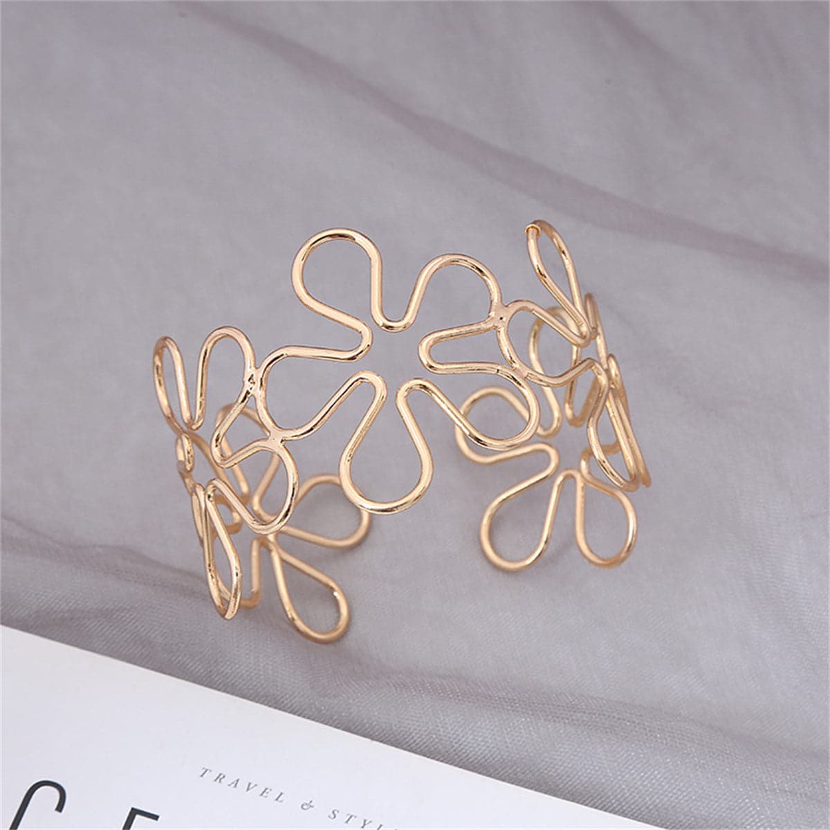 18K Gold-Plated Linked Open Flower Arm Cuff, vintage-inspired design, side view