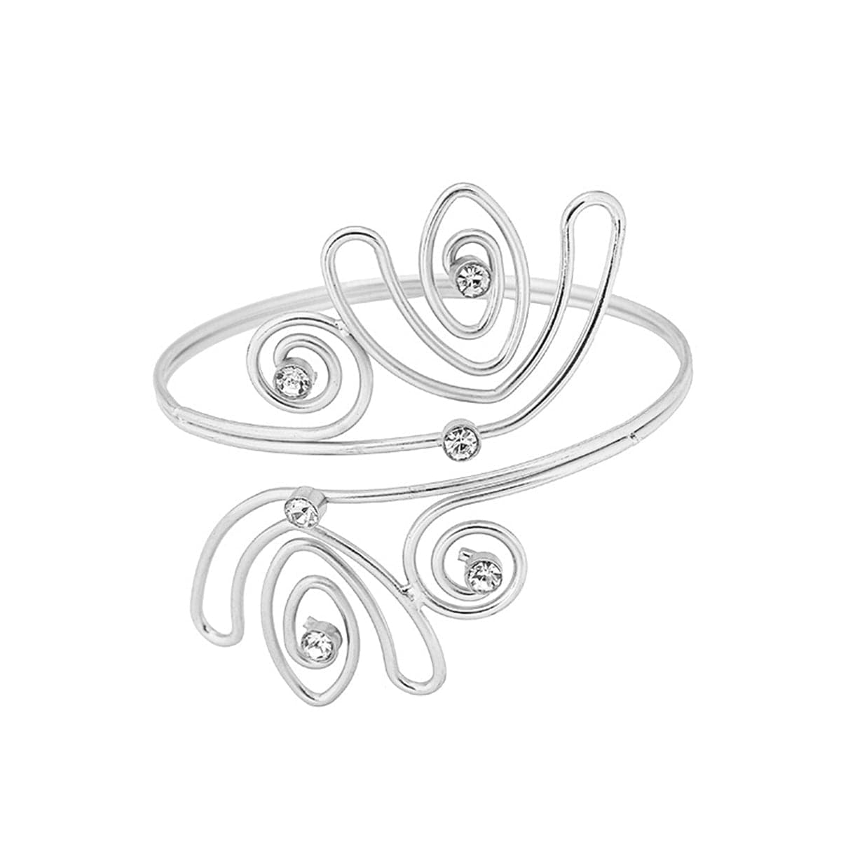 Cubic Zirconia and Silver-Plated Open Tulip Bypass Arm Cuff, elegant gift for her, front view