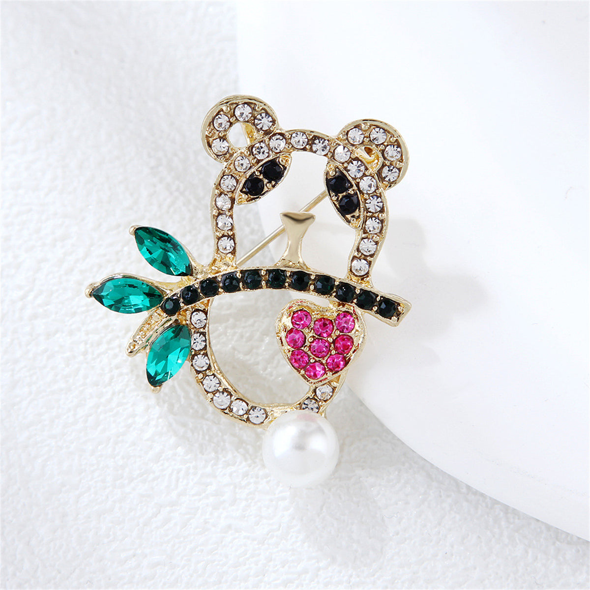 Crystal and Cubic Zirconia Pearl 18K Gold-Plated Openwork Panda Brooch, gold brooch pin, everyday style, styled look