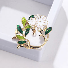 Pearl & Green Enamel 18K Gold-Plated Gardenia Drop Brooch
