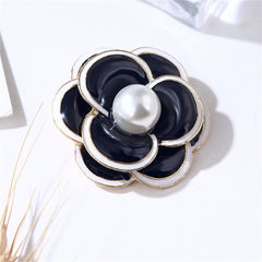 Pearl & Black Enamel 18K Gold-Plated Flower Brooch
