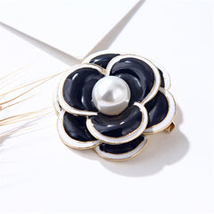 Pearl & Black Enamel 18K Gold-Plated Flower Brooch