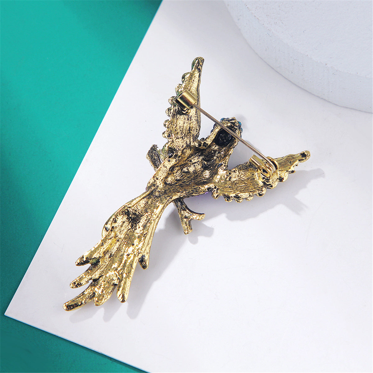Purple Cubic Zirconia and 18K Gold-Plated Eagle Brooch, gold brooch pin, vintage-inspired design, styled look