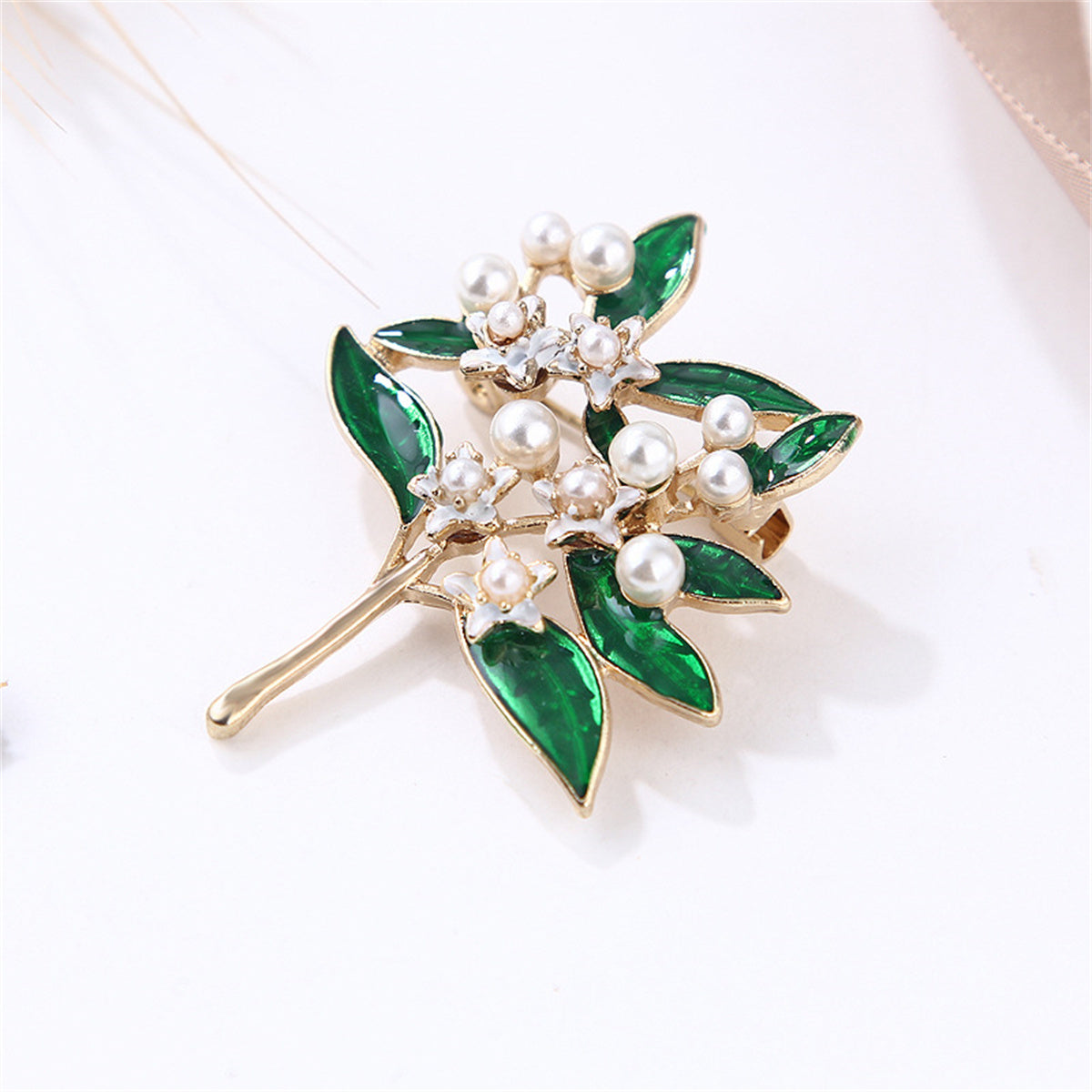 Pearl and Green Enamel 18K Gold-Plated Gardenia Brooch, gold brooch pin, elegant gift for her, lifestyle look