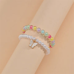 Colorful bead bracelets with a butterfly charm, showcasing an 18K gold-plated design for a chic and fashionable accessory.