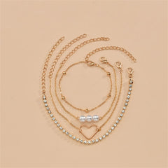 A trio of gold chains featuring pearls and heart charms, paired with a sophisticated 18K gold-plated tennis bracelet set.