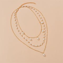 Stunning three-strand pearl necklace with 18K gold-plated layers, a classic accessory for sophisticated ensembles.