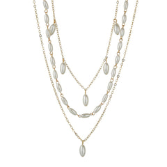 Luxurious three-strand pearl necklace adorned with 18K gold-plated elements, perfect for any formal occasion.