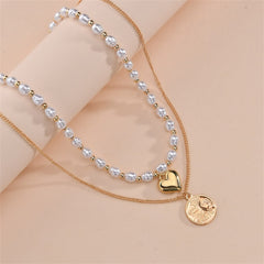 Elegant pearl and 18K gold-plated necklace showcasing a heart and sun coin, perfect for any occasion.