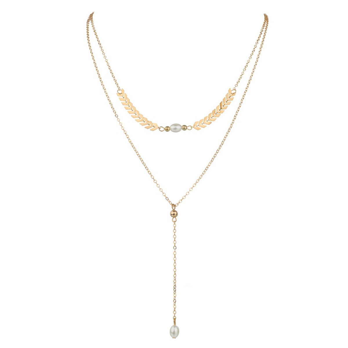 Pearl and 18K Gold-Plated Wheat Ear Chain-Drop Layered Necklace, gold pendant necklace for women, lifestyle look