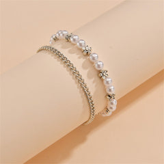 Pearl & Silver-Plated Floral Stretch Bracelet Set