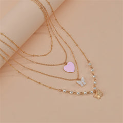 A layered necklace showcasing a pink heart pendant, butterfly charm, and pearls, all in 18K gold plating.