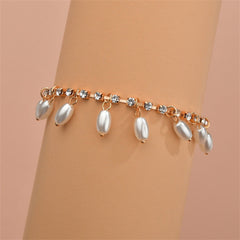 Cubic Zirconia & Pearl 18K Gold-Plated Tassel Anklet