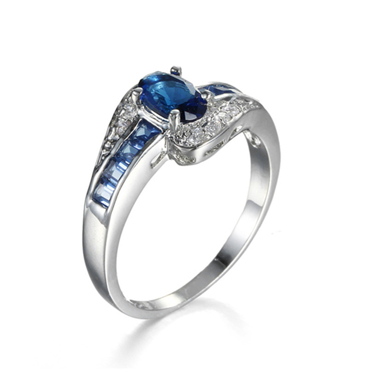 Navy Crystal and Cubic Zirconia Oval-Cut Bypass Ring, statement rings for women, elegant gift for her, side view