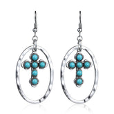 Turquoise & Silver-Plated Oval Cross Drop Earrings
