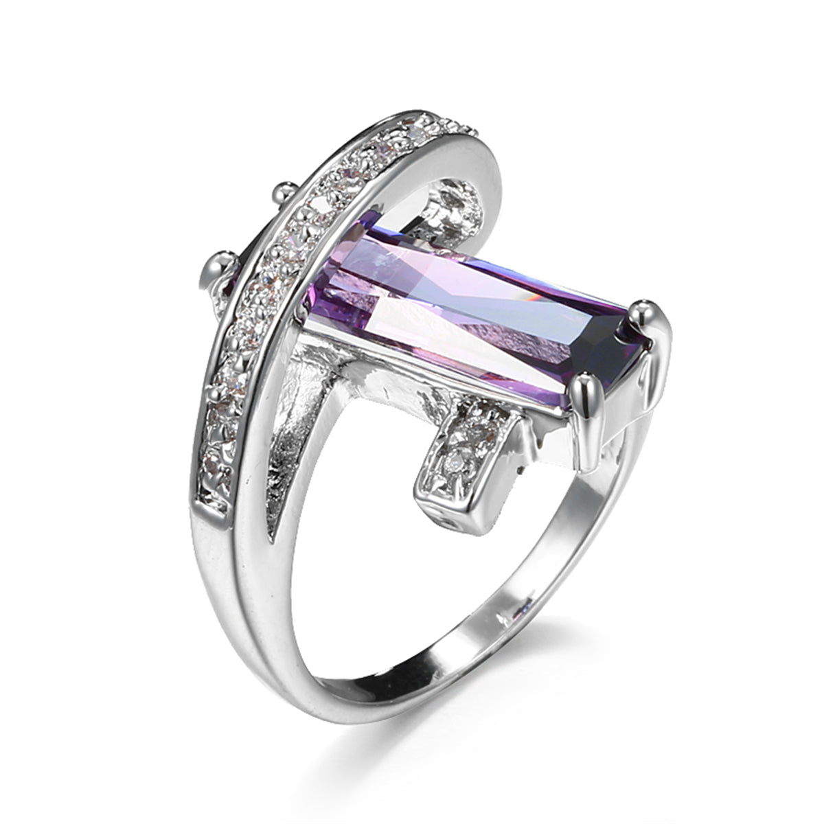 Purple Crystal and Cubic Zirconia Pavé Wrap Baguette-Cut Ring, statement rings for women, botanical inspired, side view